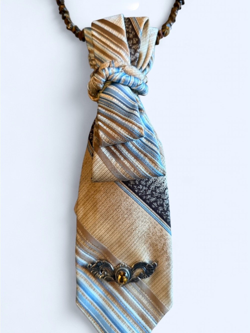 Upcycled One-of-a-Kind,Western Boho Necktie Necklace,Vintage Sterling Silver Pin